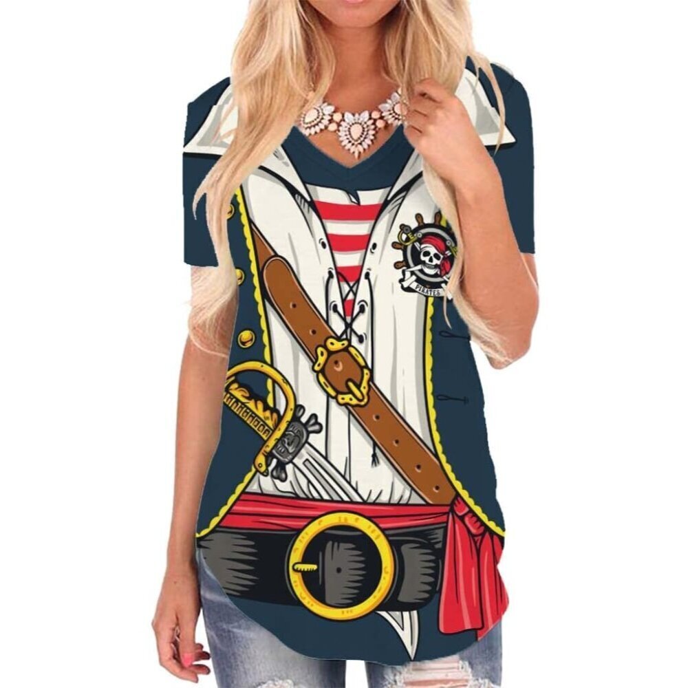 Pirate Shirt Women V Neck Funny 3D Print Graphics Casual Costume